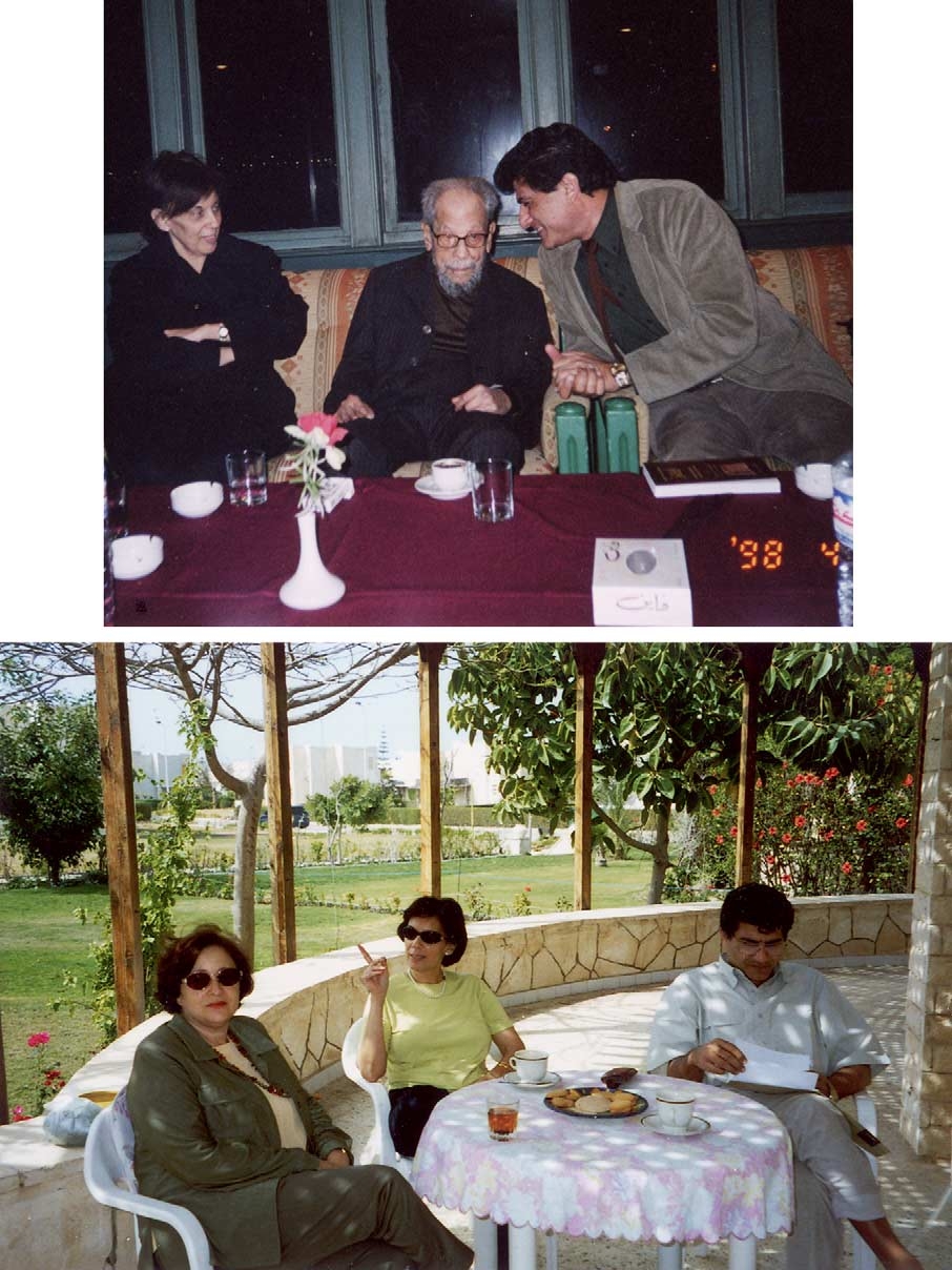 Top: El Naschie with Nobel Laureate for Literature Naguib Mahfouz. Third person is Dr. Mervat Heddini
expert in English Literature, during one of the weekly literary salons of Mahfouz on the Nile in Cairo in 2004. Bottom:
El Naschie in his summer house in Alexandria, Egypt.