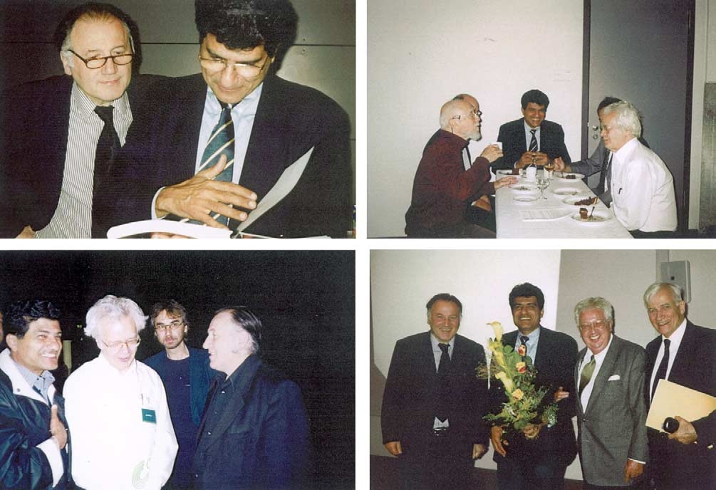 In clockwise order: (a) El Naschie with Professor Peter Weipel looking into the ‘‘Festschrift’’ dedicated to
Mohamed El Naschie. (b) Together with Otto Rossler and David Finkelstein. (c) Between Peter Weipel and Professor
Dr. Dr. habil Multi Walter Greiner and Prof. Dr. Dr. habil Werner Martienssen. (d) El Naschie with Professor Otto
Rossler, Dr. Hans Diebner and Peter Weipel.